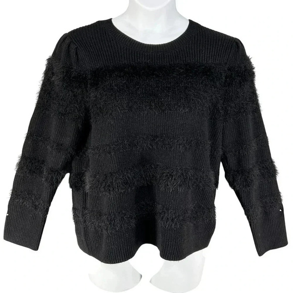 Calvin Klein Womens L Black Fuzzy Textured Knit Sweater Soft Faux Fur Crew Neck - Picture 1 of 16